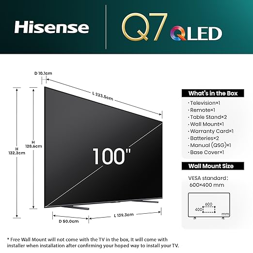 Hisense 100 Inch Q7N 4K Smart QLED TV 120Hz VIDAA