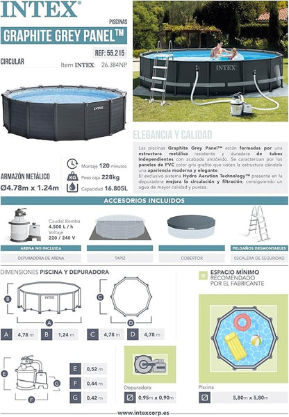 Intex Graphite Gray Panel Pool Set 4.78m Sand Filter