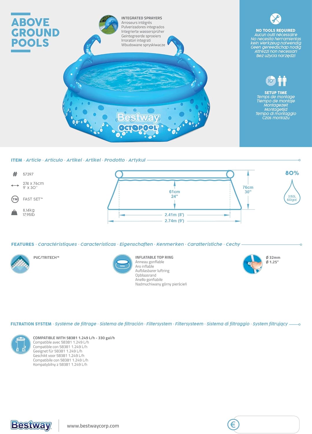Bestway OctoPool Kids Pool 2.74m with Sprayers