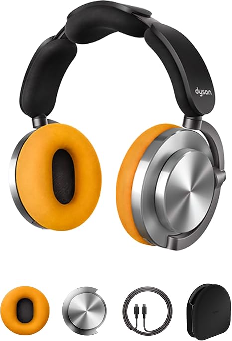 Dyson headphones with orange ear pads and silver accents on a white background