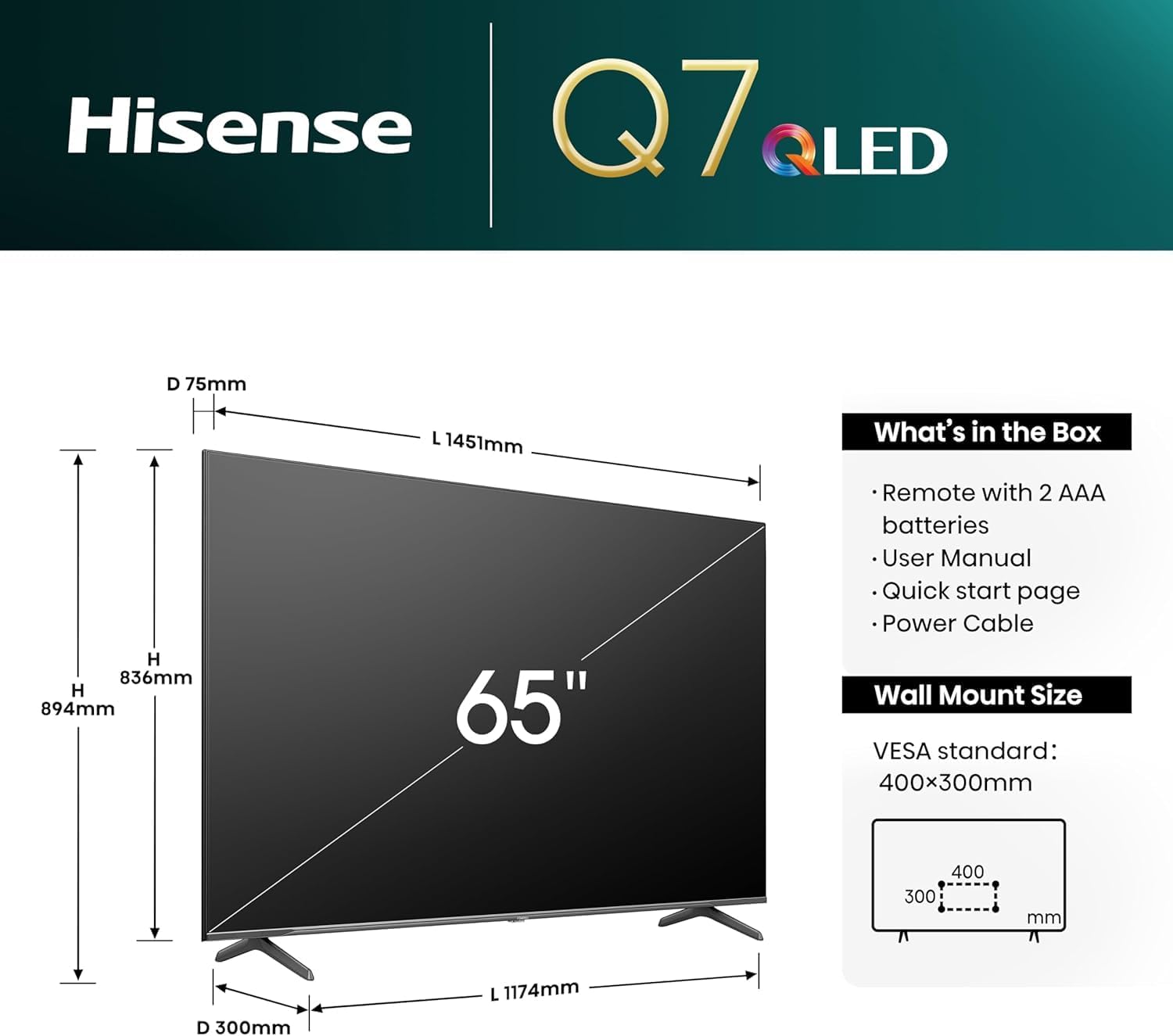 Hisense 65 Inch 4K QLED Smart TV 60Hz VIDAA