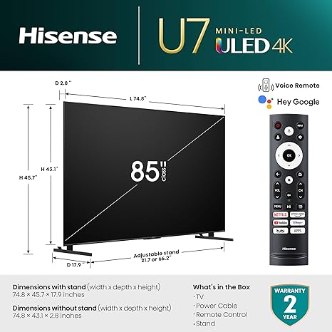Hisense 85 Inch U7K Mini-LED ULED 4K Google TV 144Hz