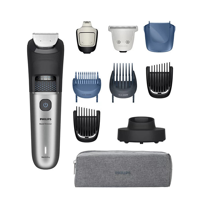 Philips beard trimmer set with attachments on a white background