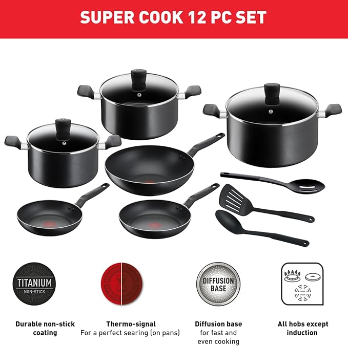 Tefal Super Cook Cookware Set 12PC Non-Stick Black
