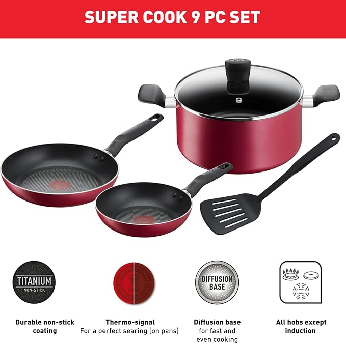 Tefal Super Cook Cookware Set 5PC Non-Stick Red