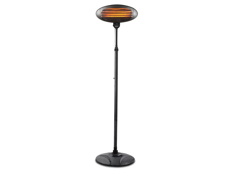 Black outdoor patio heater with glowing element on a white background