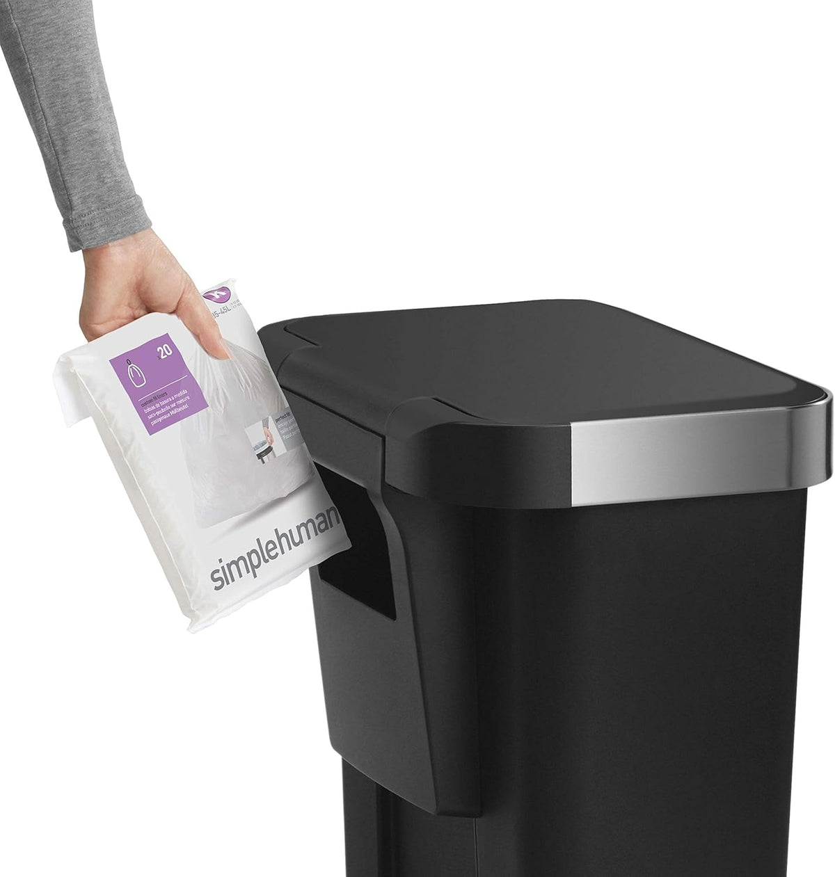 Simplehuman Rectangular Pedal Bin 45L Black Steel Trim Liner Pocket
