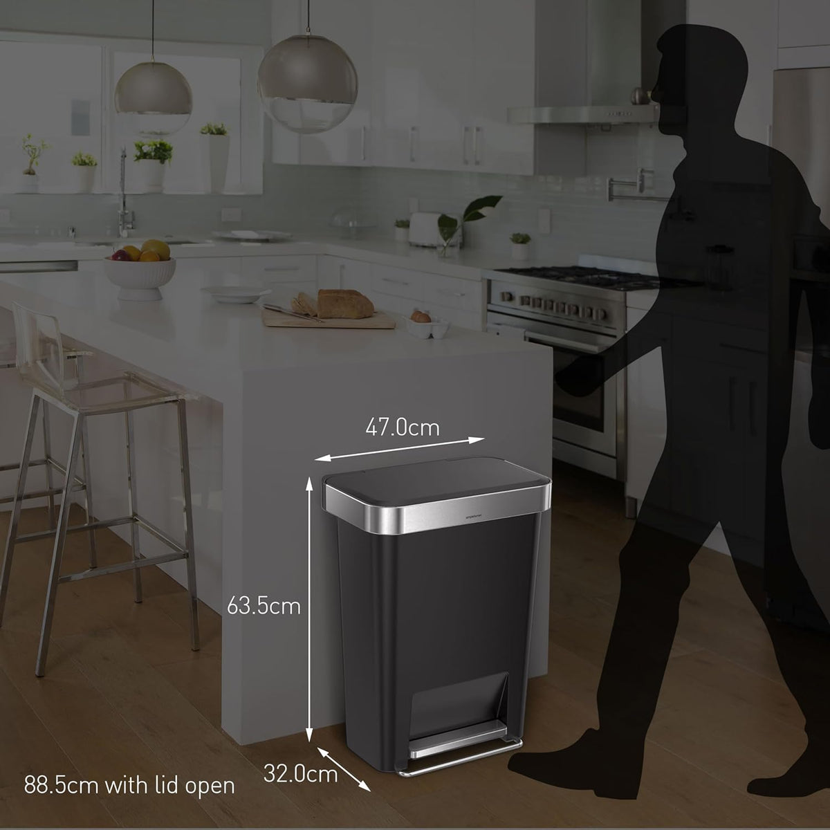 Simplehuman Rectangular Pedal Bin 45L Black Steel Trim Liner Pocket