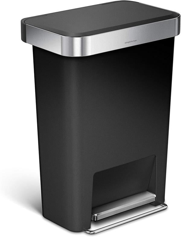 Simplehuman Rectangular Pedal Bin 45L Black Steel Trim Liner Pocket
