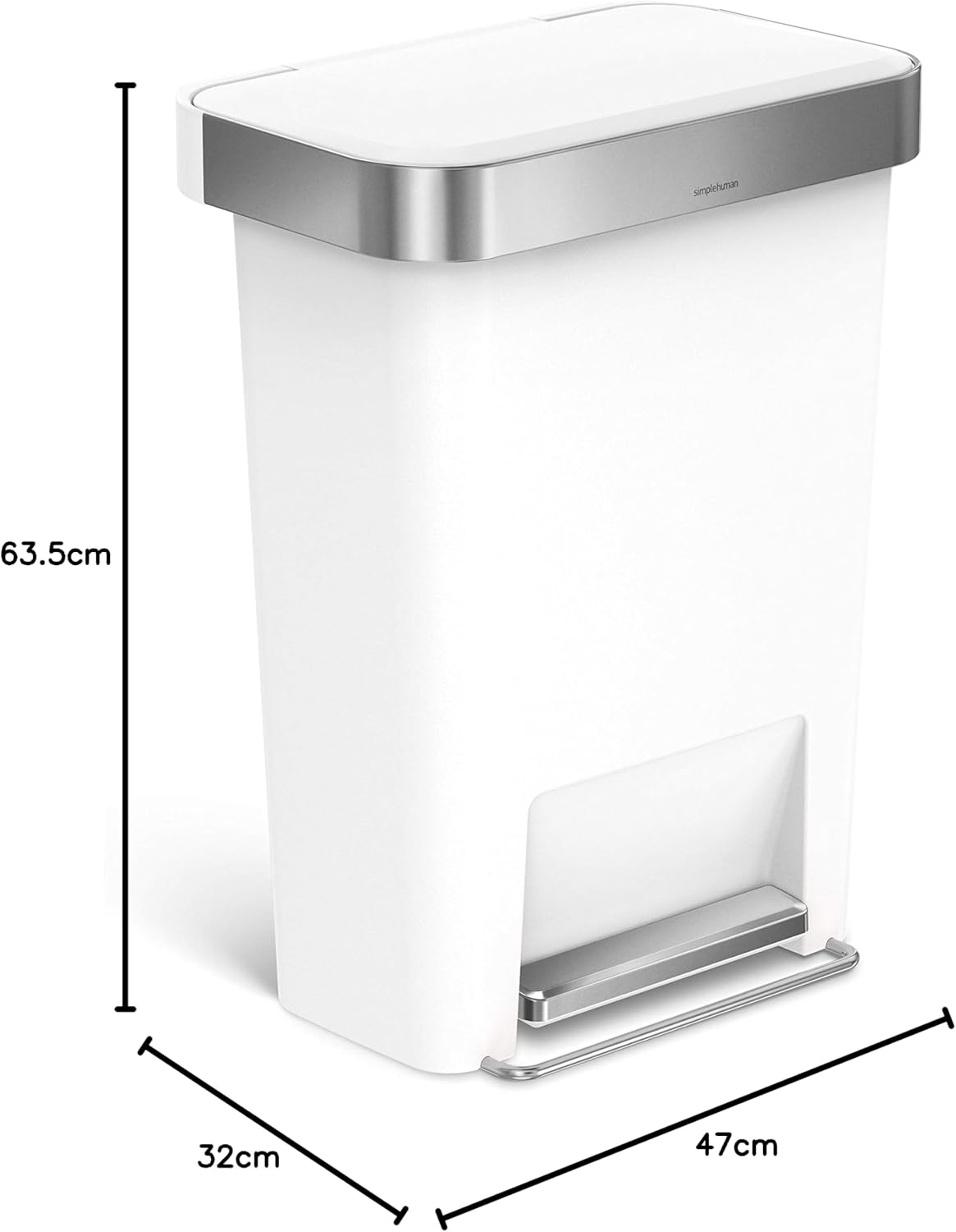 Simplehuman Rectangular Pedal Bin 45L White Steel Trim Liner Pocket