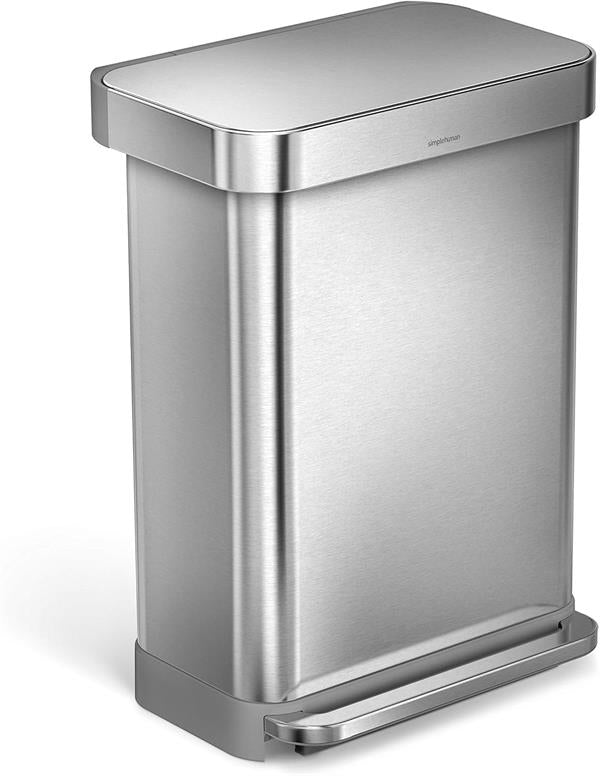 Simplehuman Rectangular Pedal Bin 55L Brushed Steel Liner Pocket