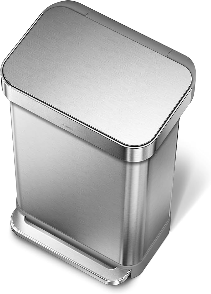 Simplehuman Rectangular Pedal Bin 45L Brushed Steel Liner Pocket