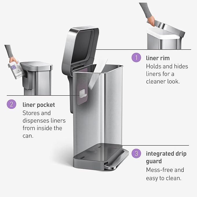 Simplehuman Rectangular Pedal Bin 45L Brushed Steel Liner Pocket
