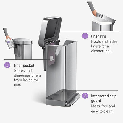 Simplehuman Rectangular Pedal Bin 45L Brushed Steel Liner Pocket