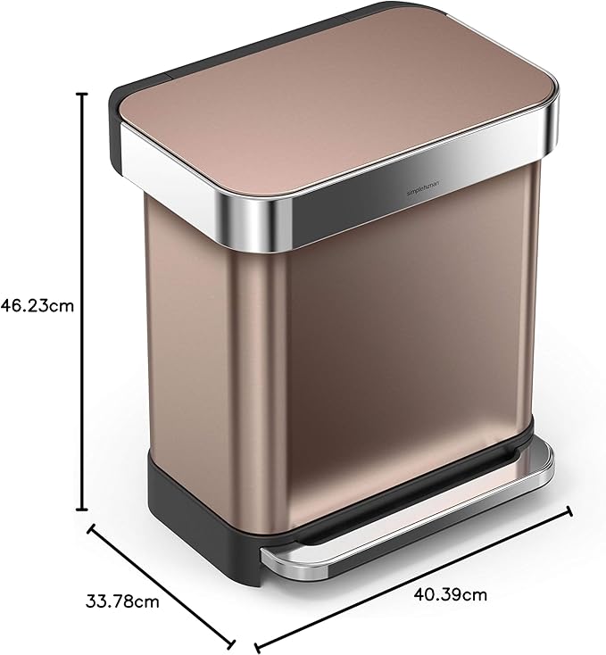 Simplehuman Rectangular Pedal Bin 30L Rose Gold Liner Pocket