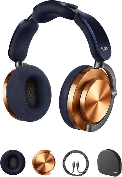 Dyson headphones with gold and black accents on a white background