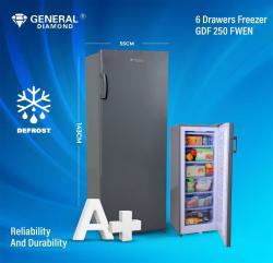 General Diamond Upright Freezer 6 Drawers Grey