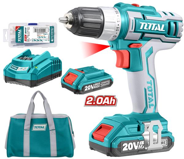 Total Cordless Drill 20V 2.0Ah 2-Battery 47PC Set