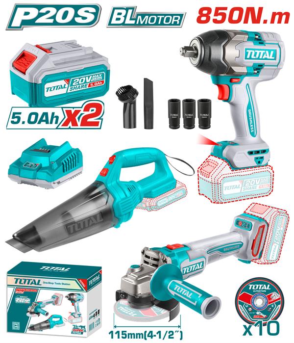 Total Cordless Combo Kit 3PC Impact Wrench Angle Grinder Vacuum