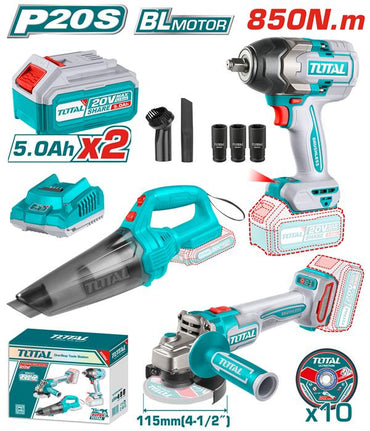 Total Cordless Combo Kit 3PC Impact Wrench Angle Grinder Vacuum