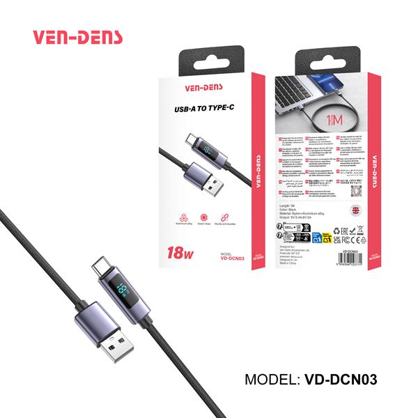 Ven-Dens Data Cable USB-A to USB-C 1M 66W Nylon