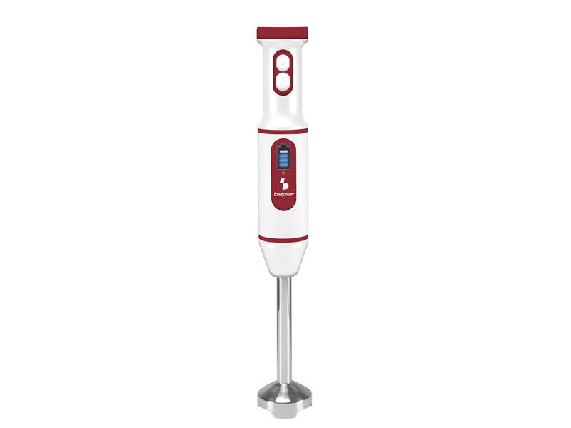 White and red immersion blender on a white background