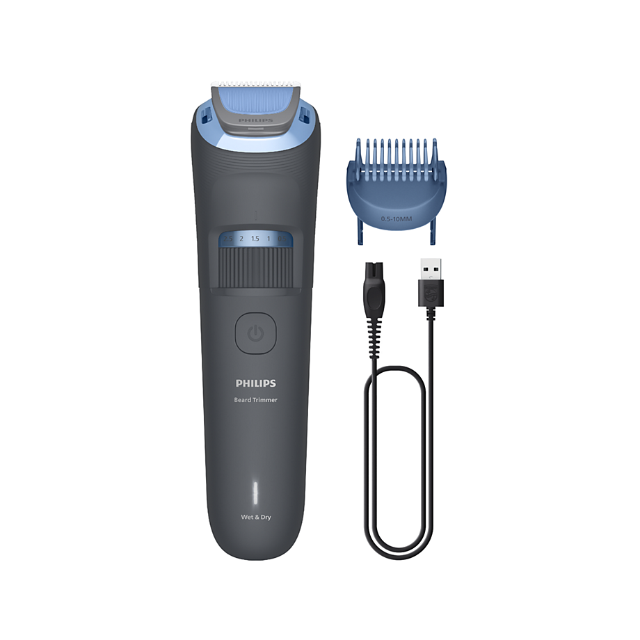 Philips beard trimmer set with attachments on a white background